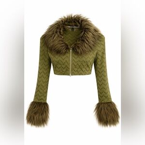 Fuzzy Trim Zip Up Front Crop Lace Jacket